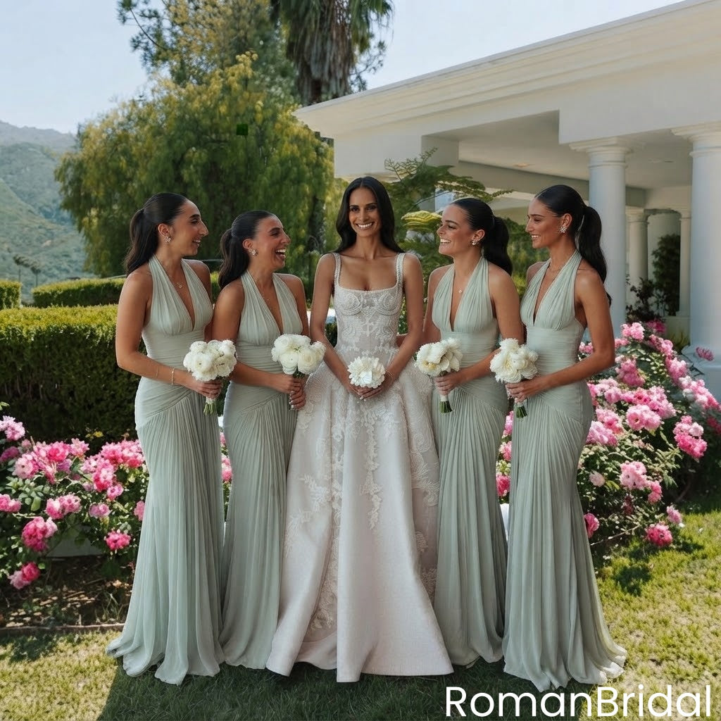 Modern Sage Green Halter Pleated Chiffon Floor-Length Bridesmaid Dress with Open Back,BG1024
