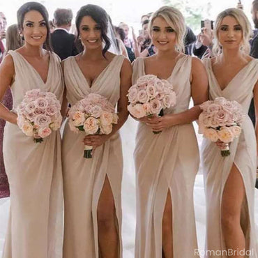 Elegant Beige V-Neck Sleeveless Mermaid Side Slit Long Bridesmaid Dresses Online, BG895