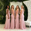 V-Neck Rosette Ruffle Pink Satin Mermaid Long Bridesmaid Dresses,BG964