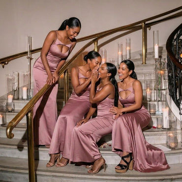 Sexy Dusty Rose Satin Spaghetti Strap Gown Chic Cut Bridesmaid Dress,BG1001