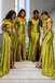 Elegant Off Shoulder High Slit Satin Bridesmaid Dress Olive Green Beaded Dress,BG978