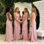V-Neck Rosette Ruffle Pink Satin Mermaid Long Bridesmaid Dresses,BG964