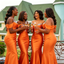 Fancy Orange Off-the-Shoulder Bridesmaid Dresses with Sparkling Crystal Accents,BG984