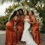 Modern Burnt Orange One Shoulder Satin Bridesmaid Dress Sexy Slit Floor Length Formal Gown,BG998