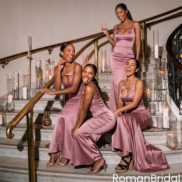 Sexy Dusty Rose Satin Spaghetti Strap Gown Chic Cut Bridesmaid Dress,BG1001
