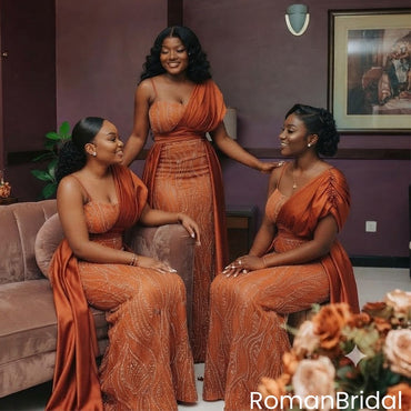 Fancy One Shoulder Rust Sequin Mermaid Bridesmaid Dress Pretty Fitted Formal Gown,BG1013