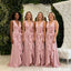 V-Neck Rosette Ruffle Pink Satin Mermaid Long Bridesmaid Dresses,BG964