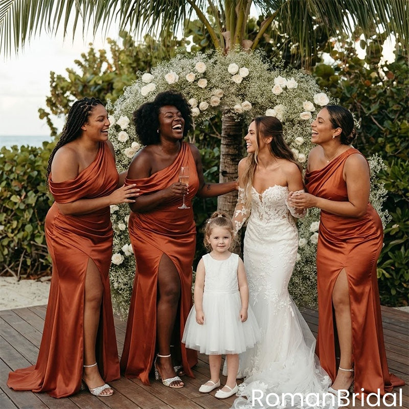 Modern Burnt Orange One Shoulder Satin Bridesmaid Dress Sexy Slit Floor Length Formal Gown,BG998