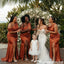 Modern Burnt Orange One Shoulder Satin Bridesmaid Dress Sexy Slit Floor Length Formal Gown,BG998