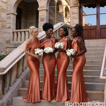 Classy Terracotta One Shoulder Satin Bridesmaid Dress Elegant Mermaid Floor Length Gown,BG1006
