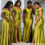 Elegant Off Shoulder High Slit Satin Bridesmaid Dress Olive Green Beaded Dress,BG978