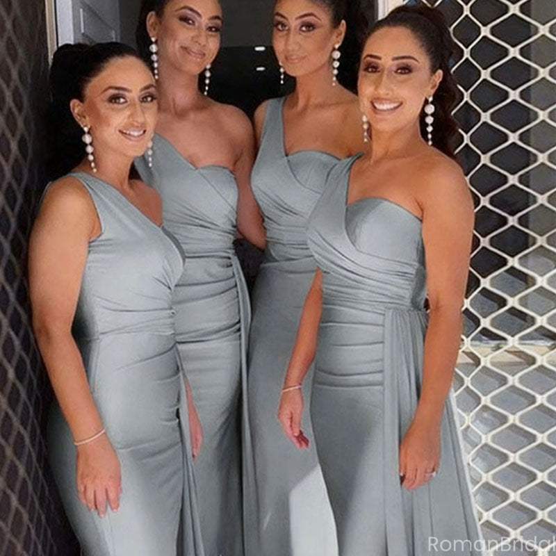Elegant Gray One-Shoulder Sleeveless Mermaid Side Slit Long Bridesmaid Dresses Online , BG874