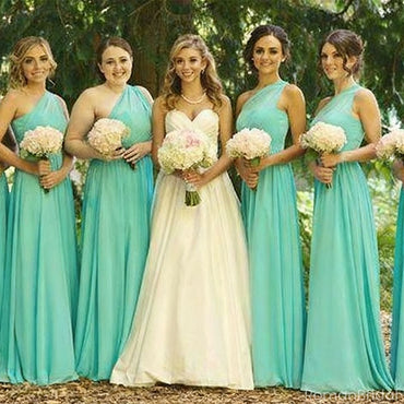 Elegant Mint Green One-Shoulder Sleeveless A-Line Long Bridesmaid Dresses Online, BG898