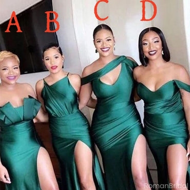 Simple Green Mismatched Sleeveless Mermaid Side Slit Long Bridesmaid Dresses Online , BG877