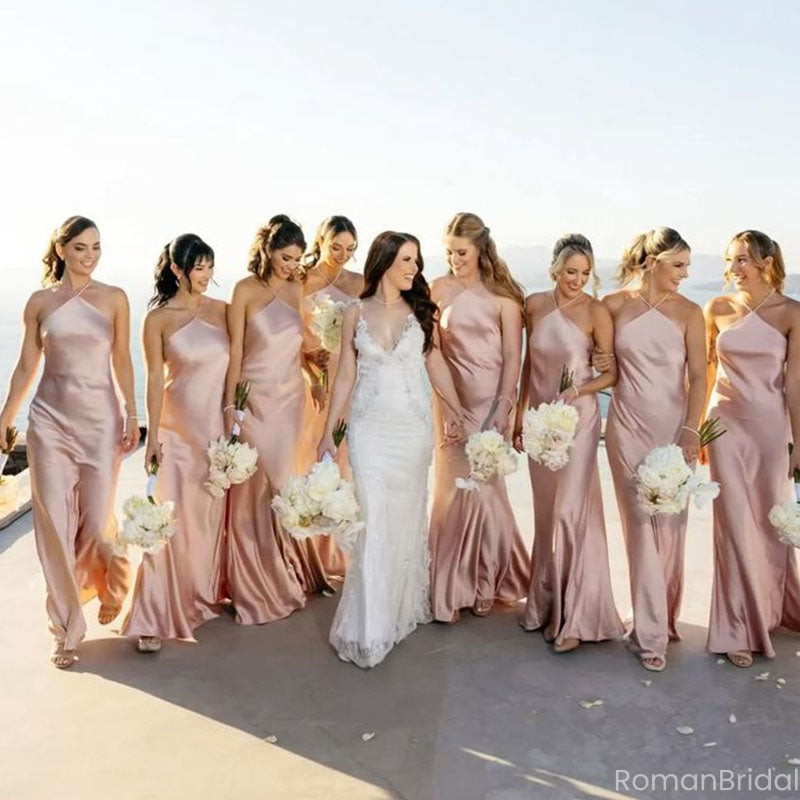 Chic Pink Halter Satin Bridesmaid Dress Sleeveless Floor Length High End Party Gown,BG936