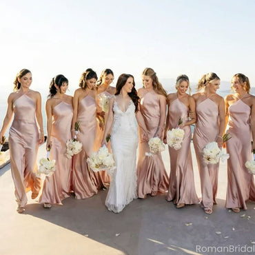 Chic Pink Halter Satin Bridesmaid Dress Sleeveless Floor Length High End Party Gown,BG936