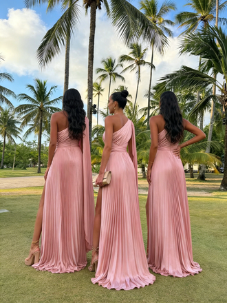 Sexy Pink Pleated Chiffon Bridesmaid Dress with High Slit One Shoulder Cape Sleeve Formal Gown,BG937