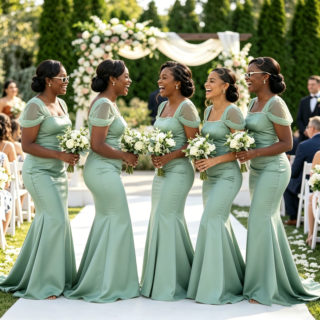 Square Neck Cap Sleeve Mermaid Bridesmaid Dresses Sage Green Pearl Trim,BG979