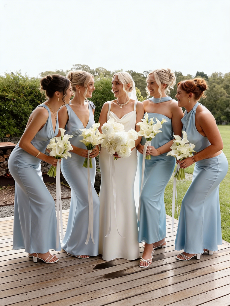 Sleek Light Blue Satin Bridesmaid Dress Mix Match Style Floor Length Silk Sexy,BG942