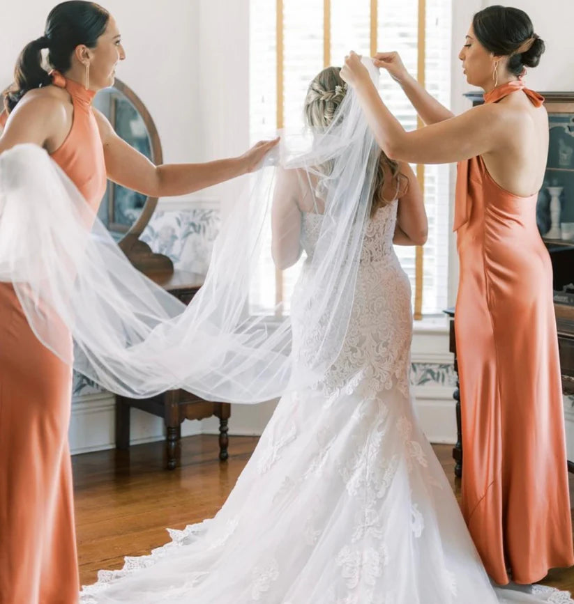 Elegant Orange High-Neck Sleeveless Mermaid Long Bridesmaid Dresses Online, BG922