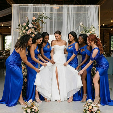 Gorgeous Royal Blue One Shoulder Gown Sexy Fitted Bridesmaid Dress with High Slit,BG1003