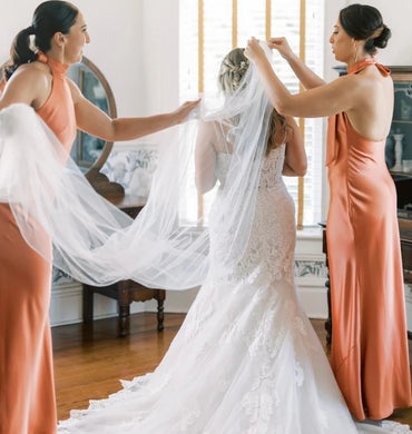 Elegant Orange High-Neck Sleeveless Mermaid Long Bridesmaid Dresses Online, BG922