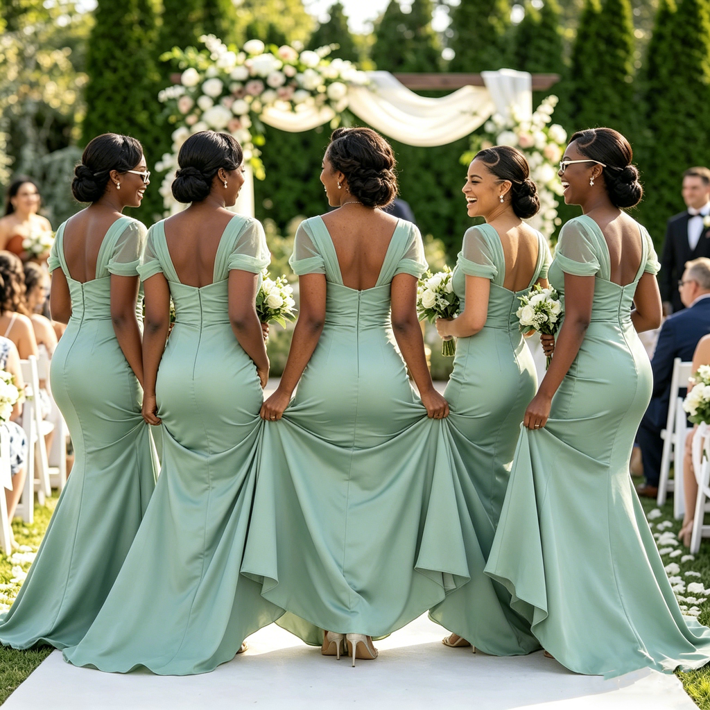 Square Neck Cap Sleeve Mermaid Bridesmaid Dresses Sage Green Pearl Trim,BG979