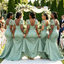 Square Neck Cap Sleeve Mermaid Bridesmaid Dresses Sage Green Pearl Trim,BG979