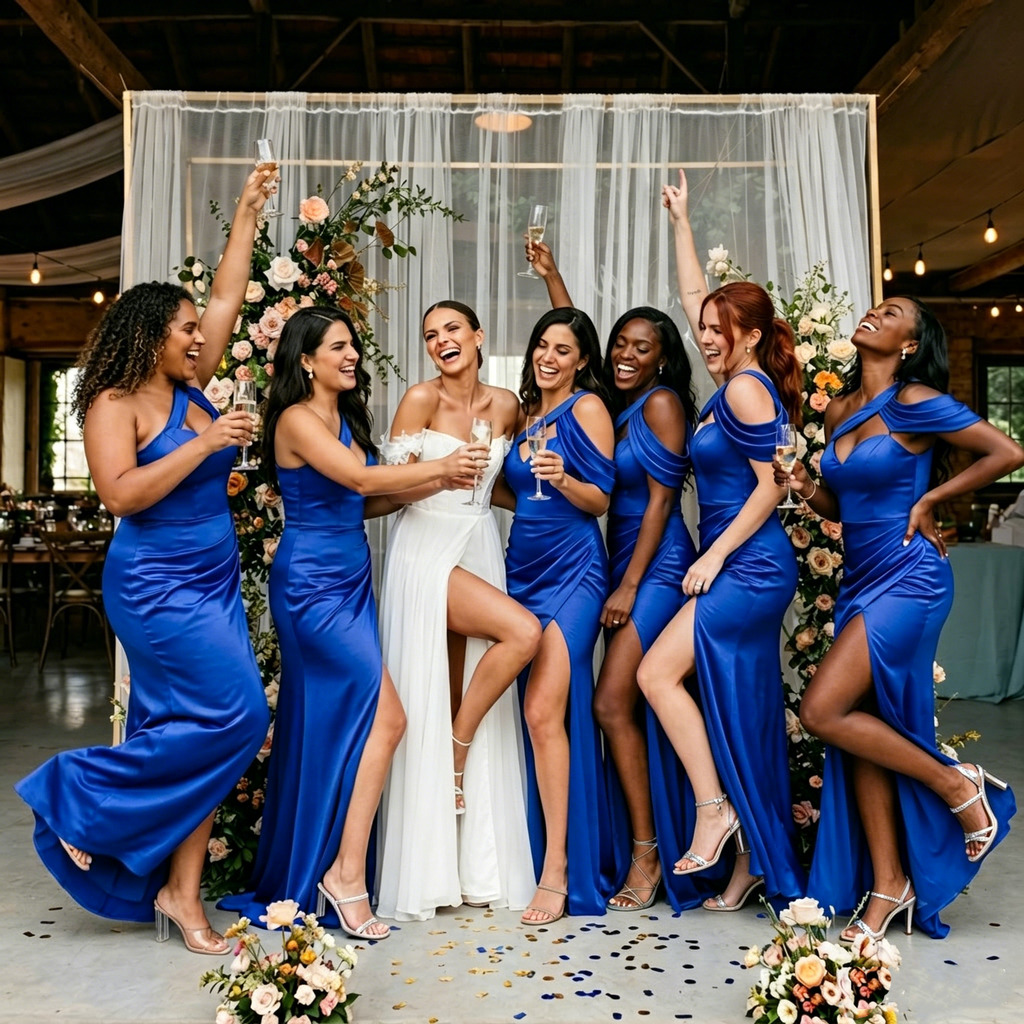 Gorgeous Royal Blue One Shoulder Gown Sexy Fitted Bridesmaid Dress with High Slit,BG1003