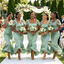 Square Neck Cap Sleeve Mermaid Bridesmaid Dresses Sage Green Pearl Trim,BG979
