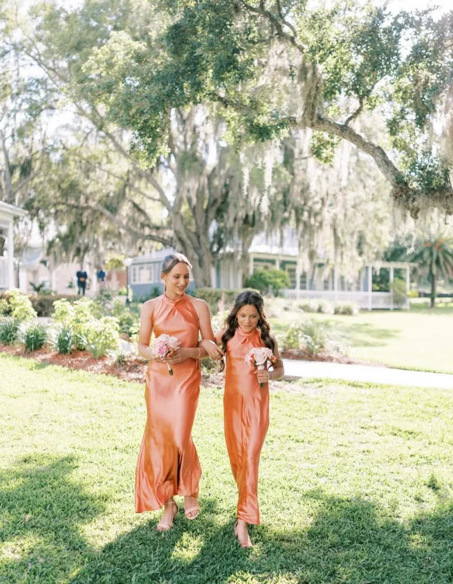 Elegant Orange High-Neck Sleeveless Mermaid Long Bridesmaid Dresses Online, BG922