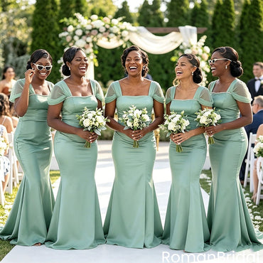 Square Neck Cap Sleeve Mermaid Bridesmaid Dresses Sage Green Pearl Trim,BG979