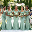 Square Neck Cap Sleeve Mermaid Bridesmaid Dresses Sage Green Pearl Trim,BG979
