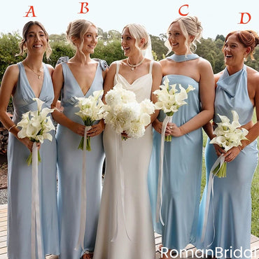 Sleek Light Blue Satin Bridesmaid Dress Mix Match Style Floor Length Silk Sexy,BG942