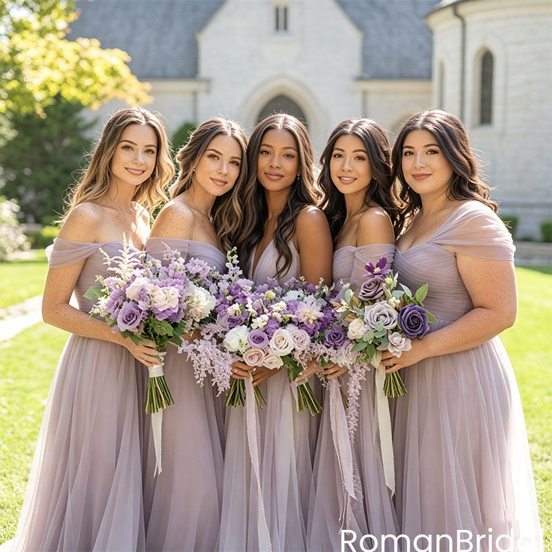 Lavender Tulle Bridesmaid Dresses Off Shoulder A Line Floor Length Wedding Gown,BG986