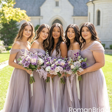 Lavender Tulle Bridesmaid Dresses Off Shoulder A Line Floor Length Wedding Gown,BG986