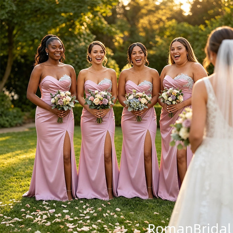 Unique Sweetheart Neck Satin Bridesmaid Dresses Floor Length Slit Pink Gowns,BG968