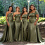 One-Shoulder Pleated Satin Mermaid Olive Green Long Bridesmaid Dresses,BG965