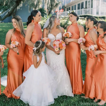 Elegant Orange High-Neck Sleeveless Mermaid Long Bridesmaid Dresses Online, BG922