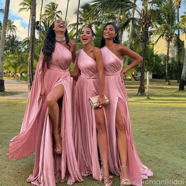Sexy Pink Pleated Chiffon Bridesmaid Dress with High Slit One Shoulder Cape Sleeve Formal Gown,BG937