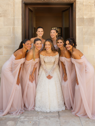 Blushing Pink Off Shoulder Chiffon Bridesmaid Dresses Long Drape Sleeve Gown,BG943