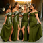Off-Shoulder White Lace Applique Olive Green High Split Bridesmaid Dresses,BG966
