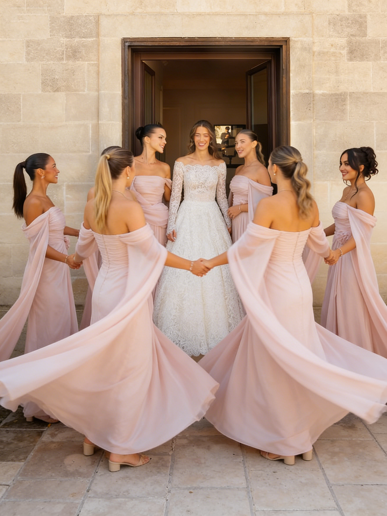 Blushing Pink Off Shoulder Chiffon Bridesmaid Dresses Long Drape Sleeve Gown,BG943