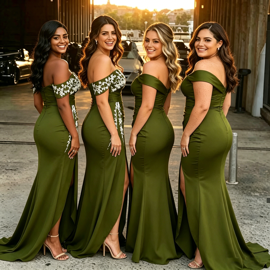 Off-Shoulder White Lace Applique Olive Green High Split Bridesmaid Dresses,BG966
