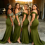 Off-Shoulder White Lace Applique Olive Green High Split Bridesmaid Dresses,BG966
