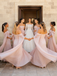 Blushing Pink Off Shoulder Chiffon Bridesmaid Dresses Long Drape Sleeve Gown,BG943