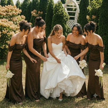 Beautiful Off The Shoulder Mermaid Bridesmaid Dress Elegant Brown Satin Gown,BG1009