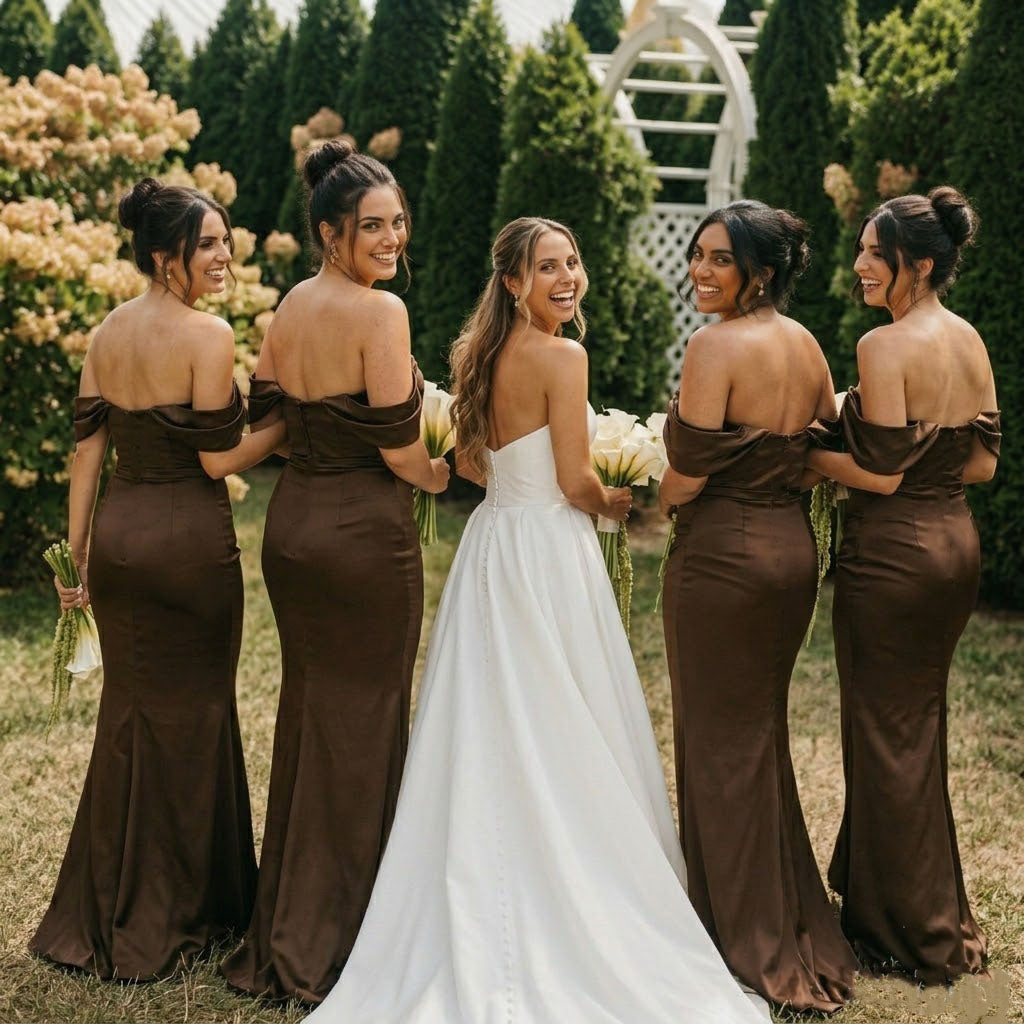 Beautiful Off The Shoulder Mermaid Bridesmaid Dress Elegant Brown Satin Gown,BG1009