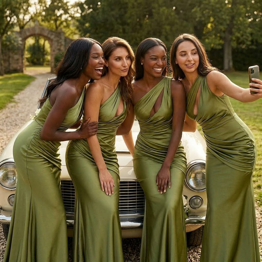 Elegant Olive Green Satin Bridesmaid Dress Unique Backless Formal Evening Gown,BG999