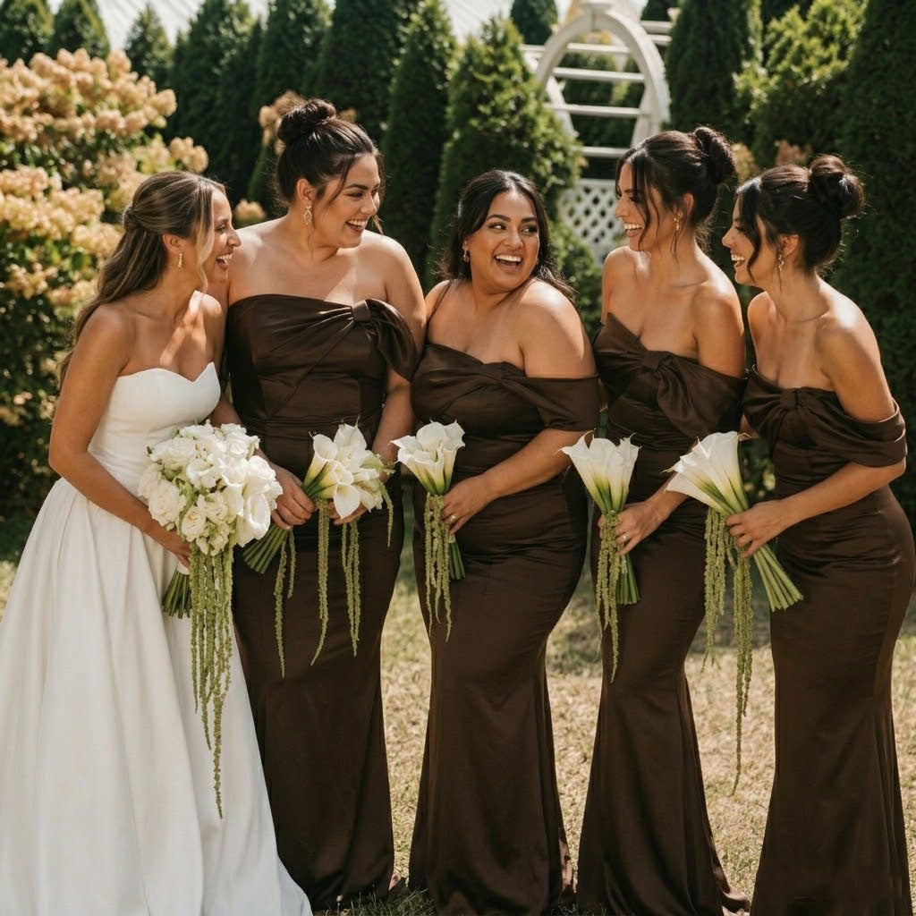 Beautiful Off The Shoulder Mermaid Bridesmaid Dress Elegant Brown Satin Gown,BG1009